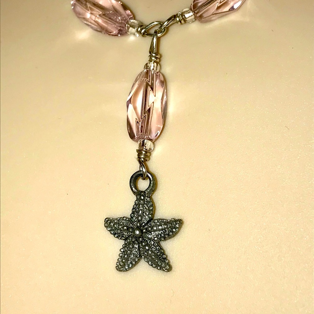 Pink Glass Sterling Wire Wrapped Pewter Starfish Necklace